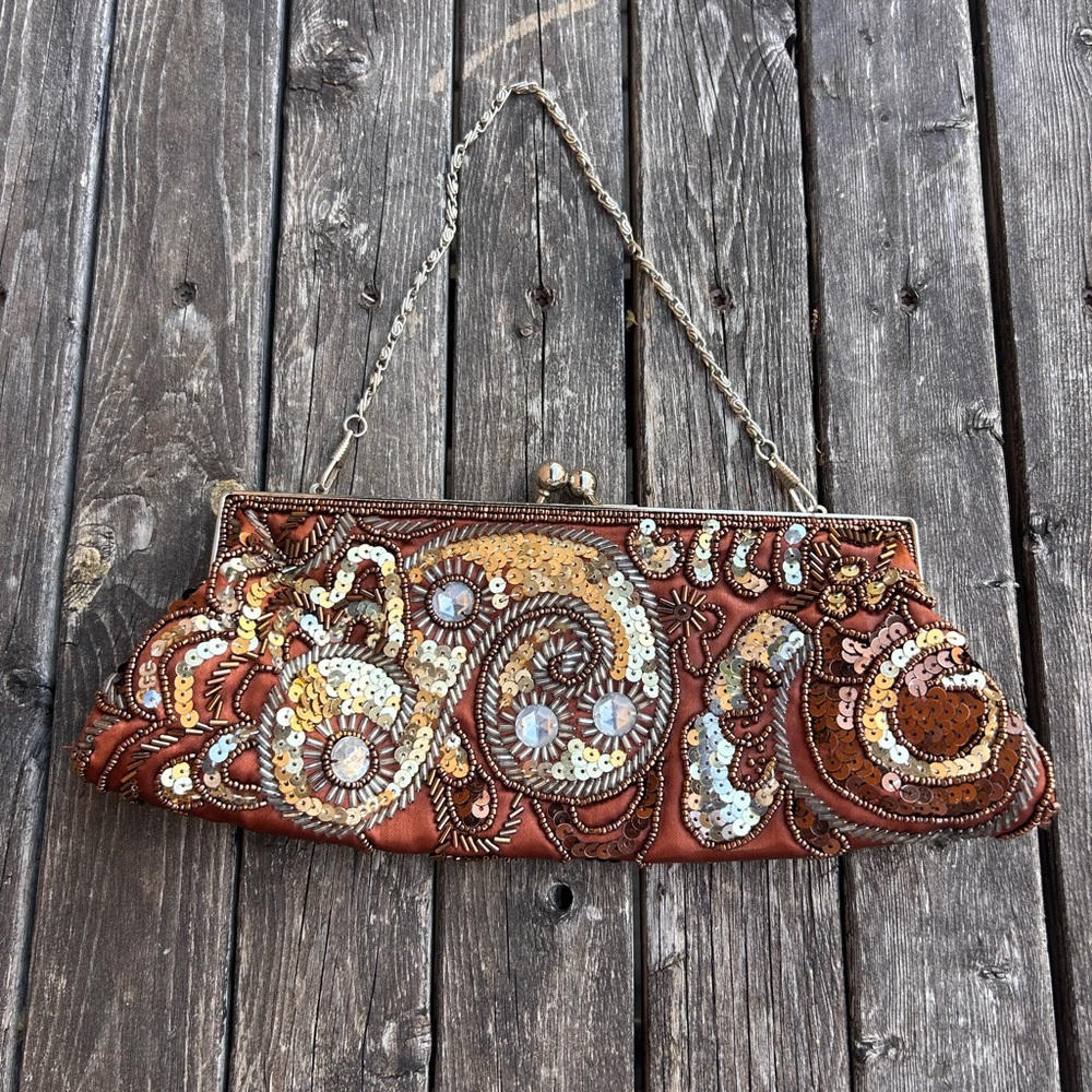 Y2k 90s Apt 9 Sequin Mermaid Copper Satin Clutch Evening Bag Warm Fall Brown
